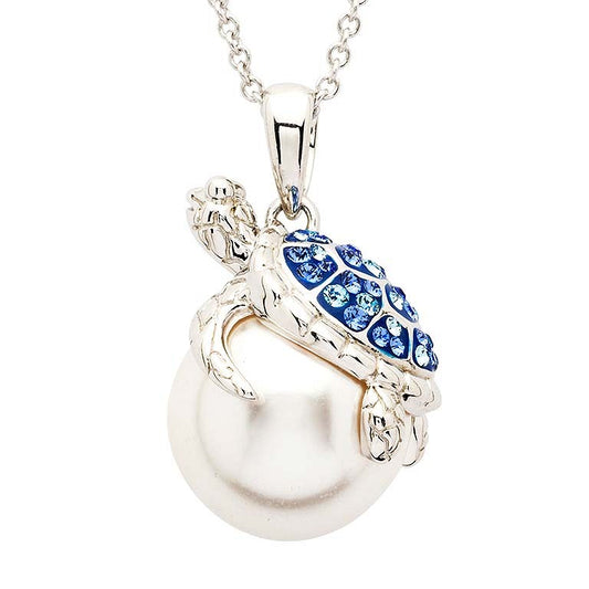 Sterling Silver Pearl & Sapphire Crystal Turtle Necklace