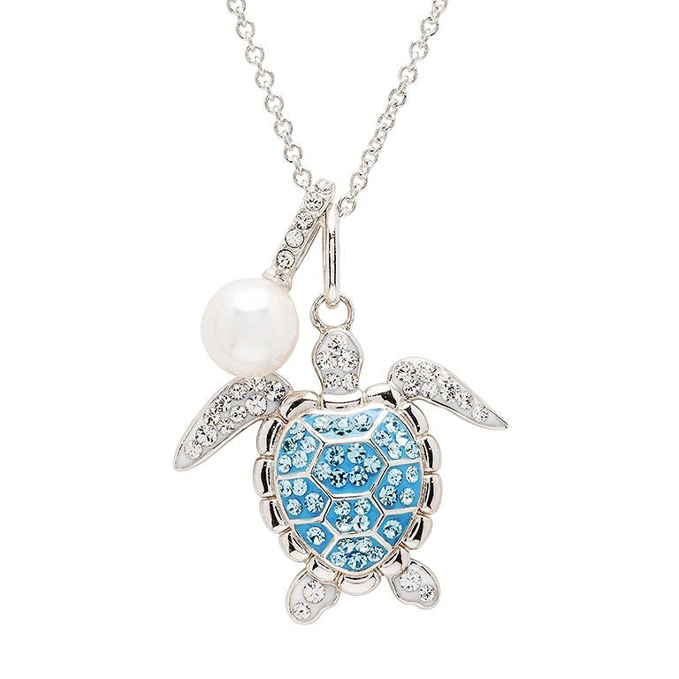 Sterling Silver Pearl & Aqua Crystal Turtle Necklace