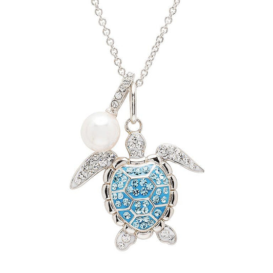 Sterling Silver Pearl & Aqua Crystal Turtle Necklace