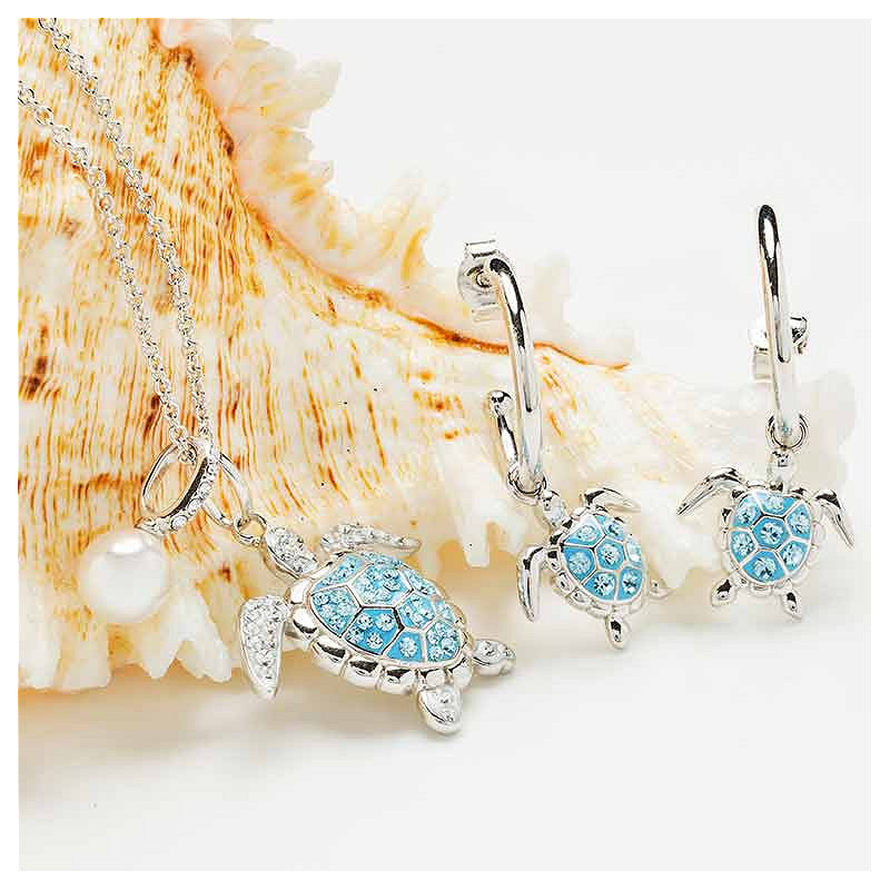 Sterling Silver Pearl & Aqua Crystal Turtle Necklace