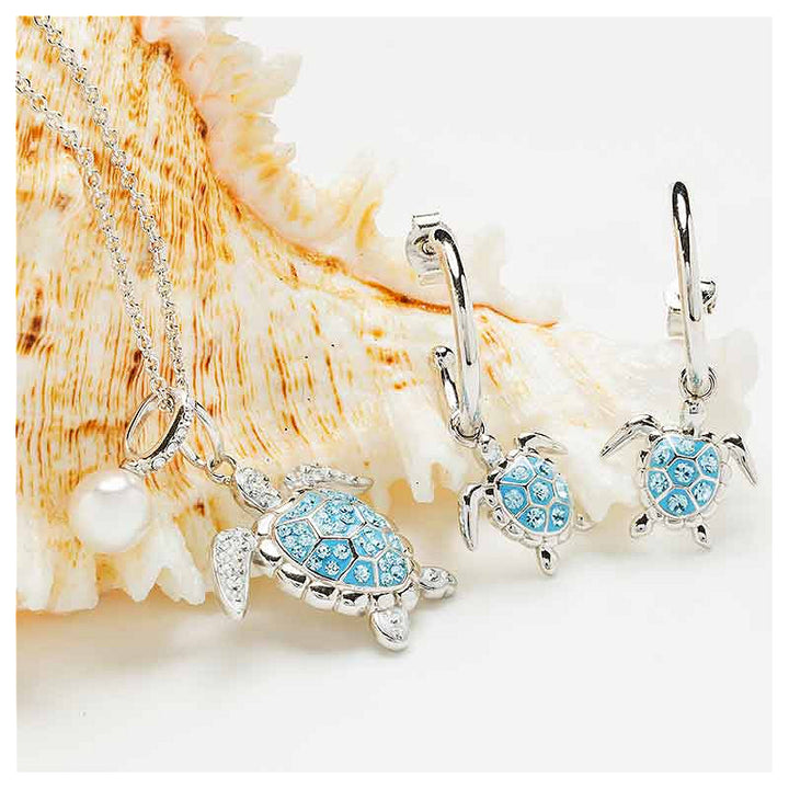 Sterling Silver Pearl & Aqua Crystal Turtle Necklace
