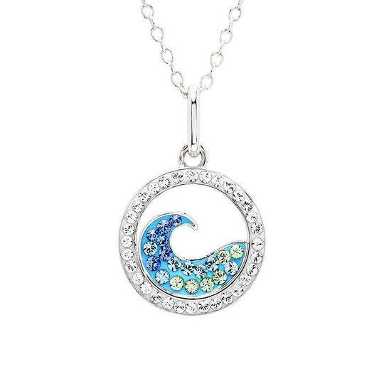 Sterling Silver Aqua Crystal Wave Dollar Mini Necklace