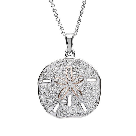 Sterling Silver White SW Crystal Sand Dollar with Rose Plate Pendant Necklace