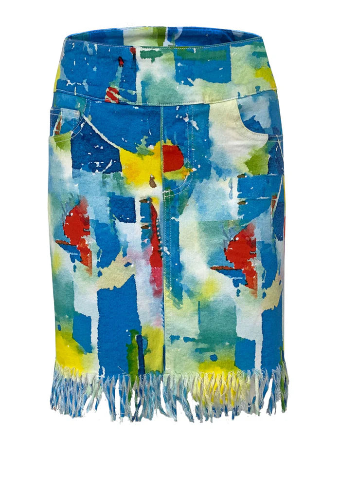 Pull on Skirt W/frayed Hem Print