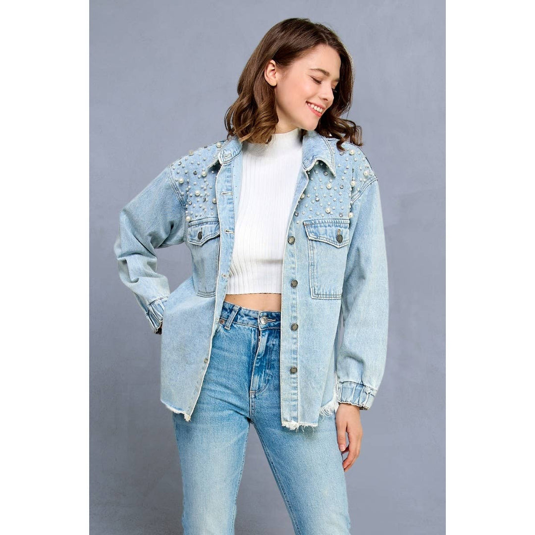 Pearl and Rhinestone Denim Shacket