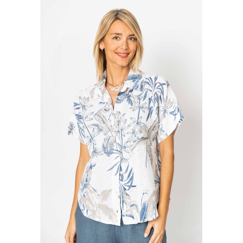 Look Mode Banana Leaf Print Linen Shirt