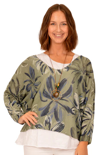 Top with Cami and Necklace Hibiscus Print Green