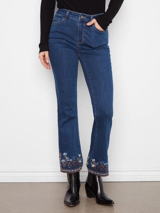 Charlie B Floral Hem Flare Jeans