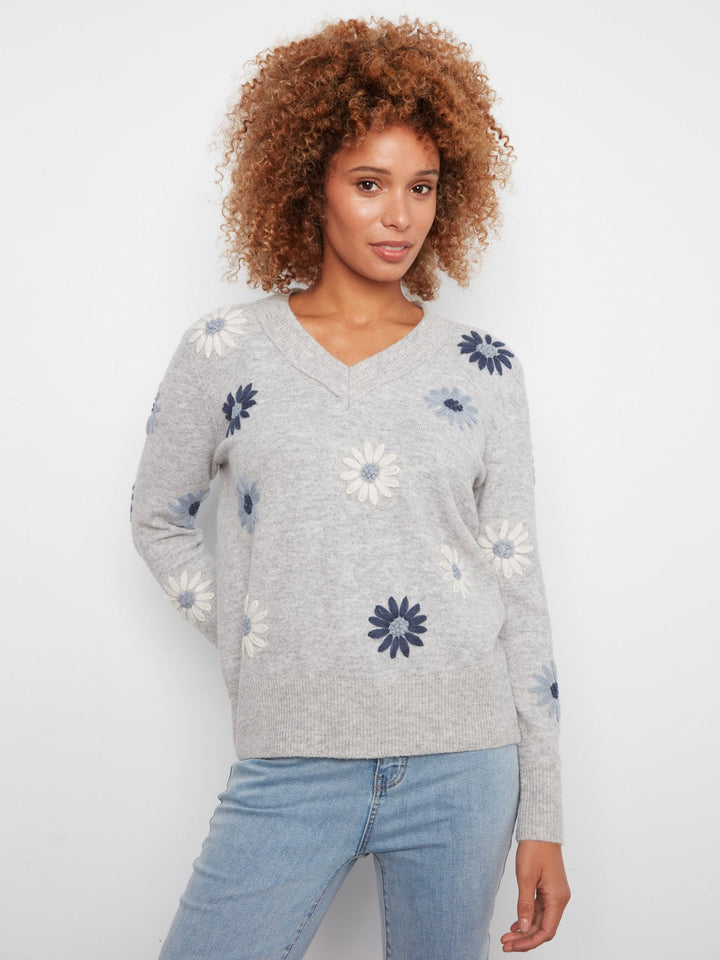 Charlie B Floral Embroidered V-Neck Sweater