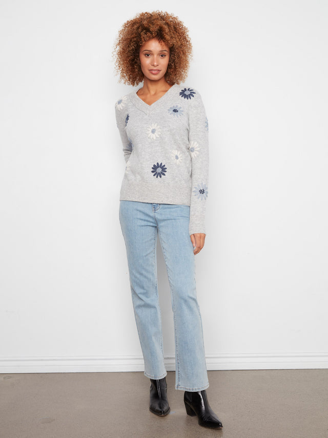 Charlie B Floral Embroidered V-Neck Sweater