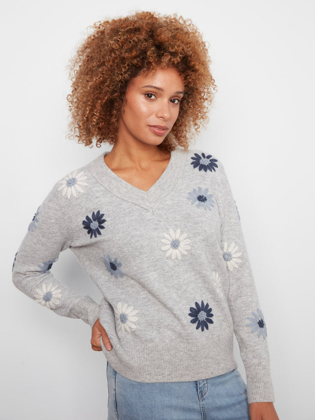 Charlie B Floral Embroidered V-Neck Sweater