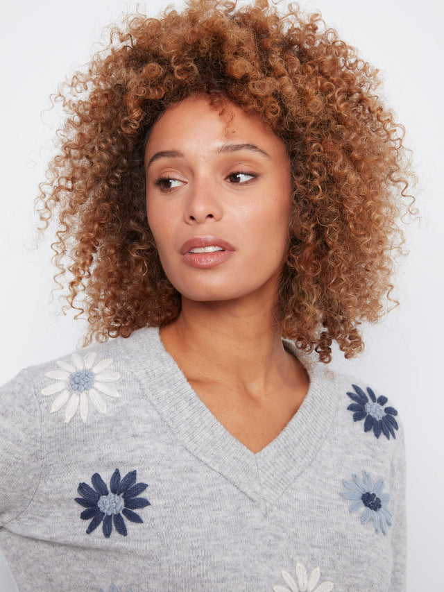 Charlie B Floral Embroidered V-Neck Sweater