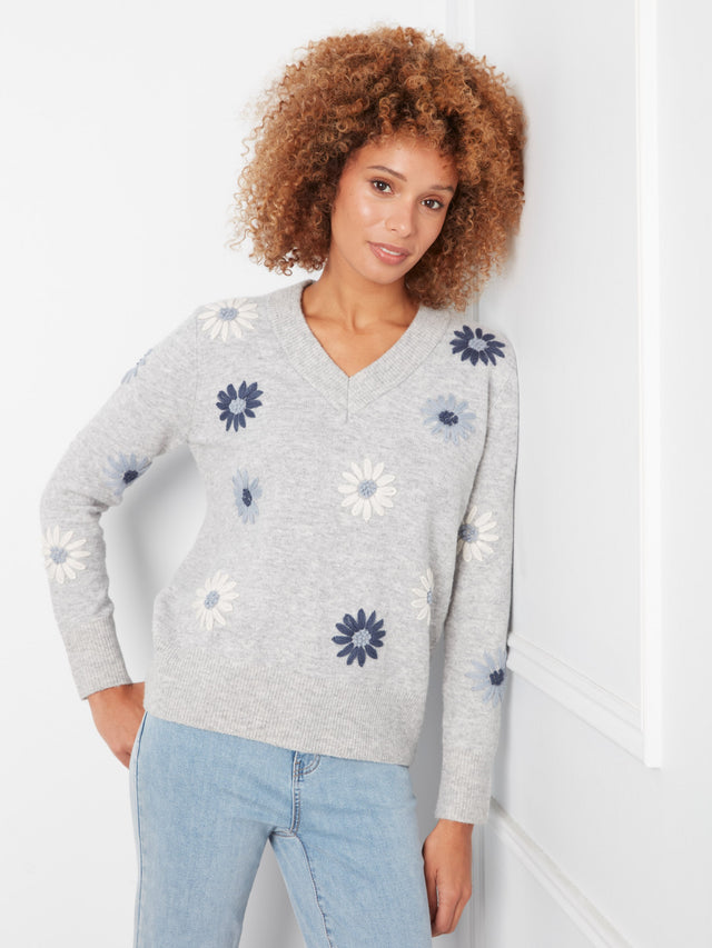 Charlie B Floral Embroidered V-Neck Sweater