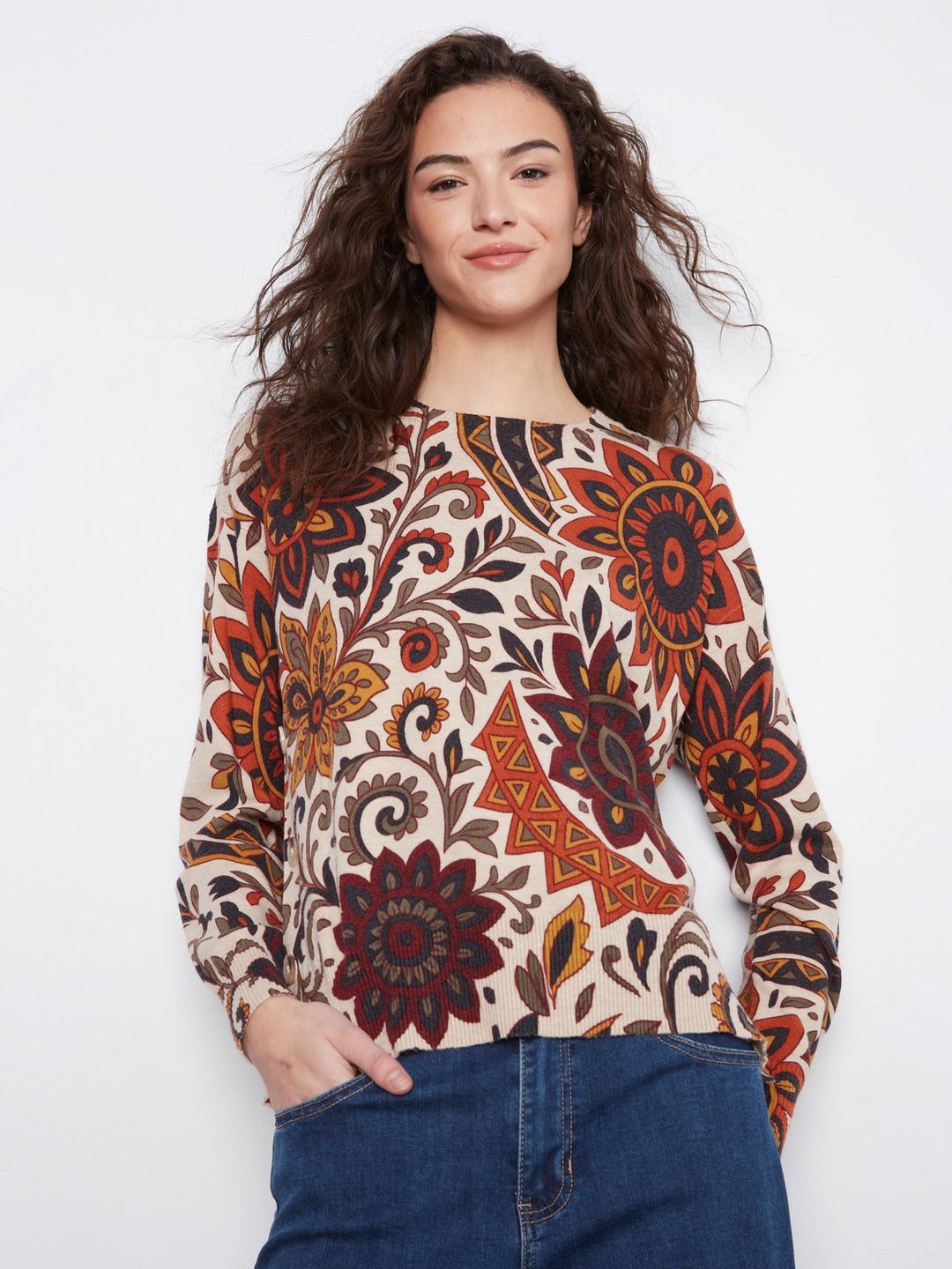 Charlie B Print Sweater w/ Side Buttons