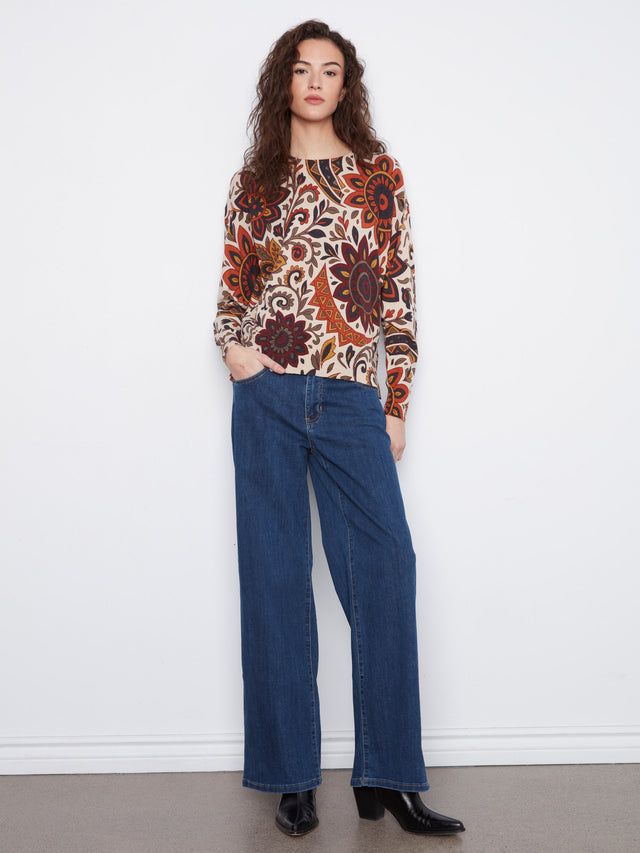 Charlie B Print Sweater w/ Side Buttons