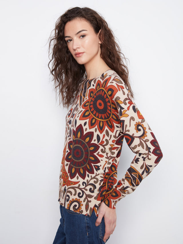 Charlie B Print Sweater w/ Side Buttons