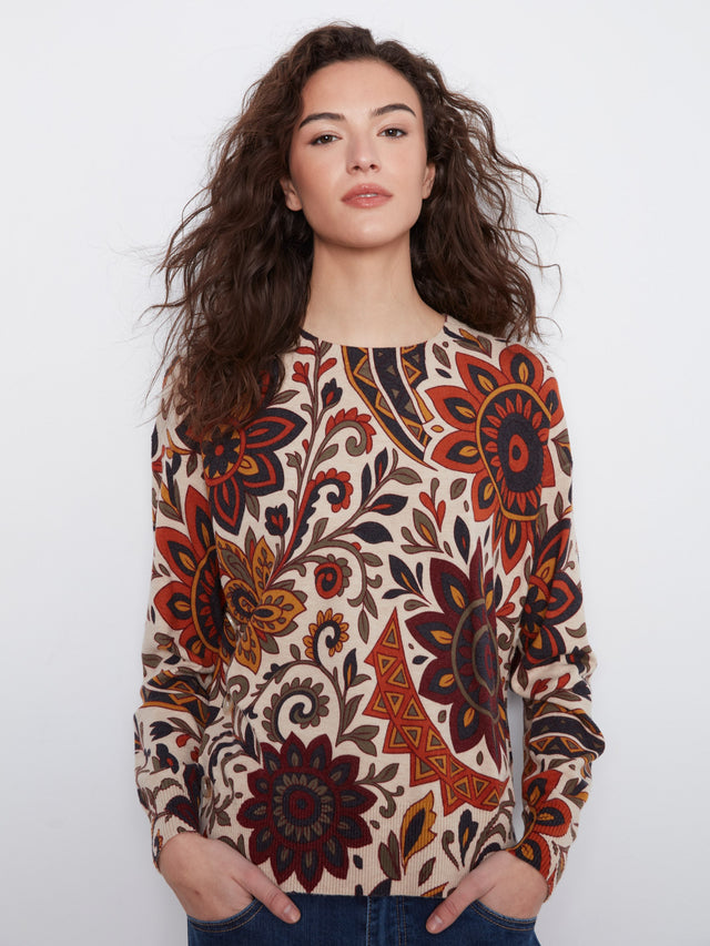 Charlie B Print Sweater w/ Side Buttons