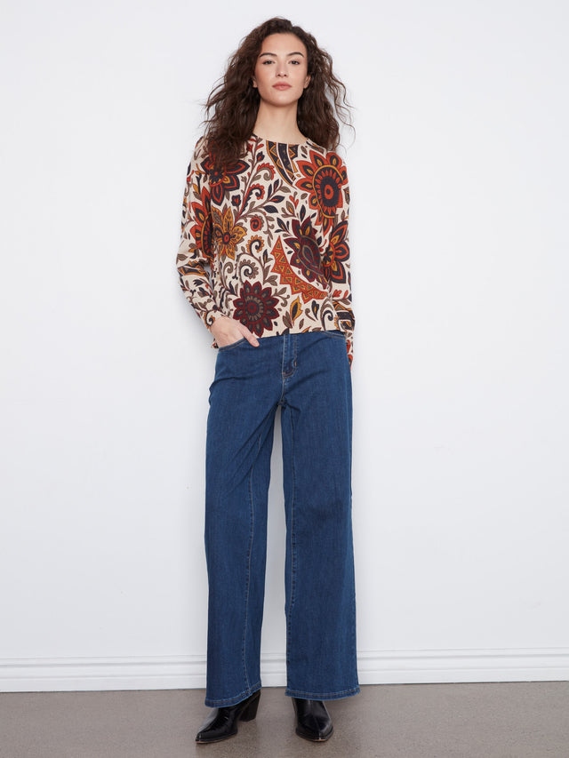 Charlie B Print Sweater w/ Side Buttons