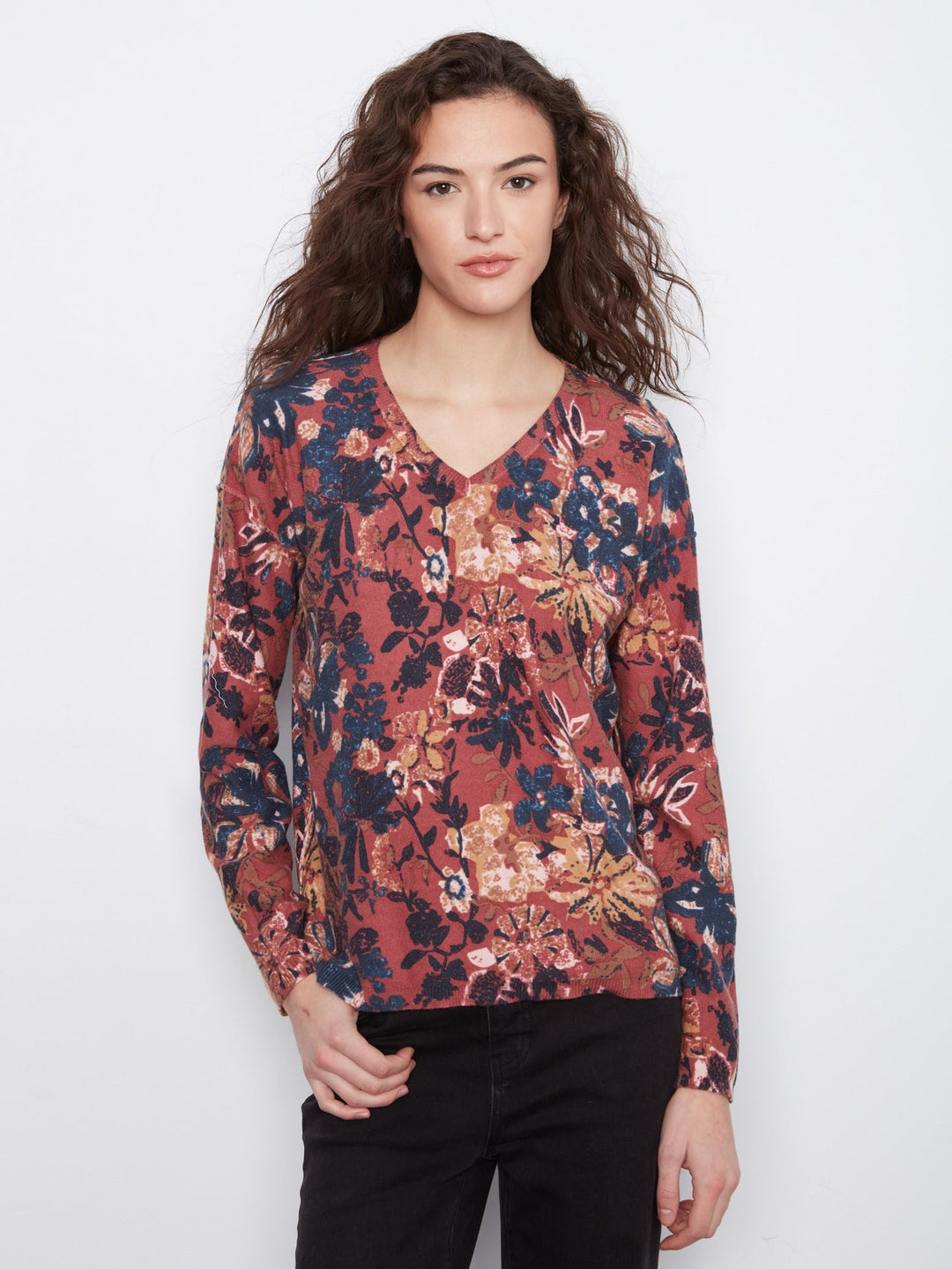 Charlie B Reversible Floral V-Neck Sweater