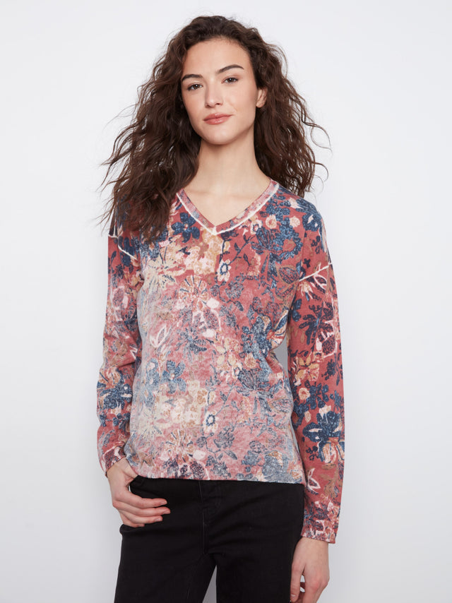 Charlie B Reversible Floral V-Neck Sweater