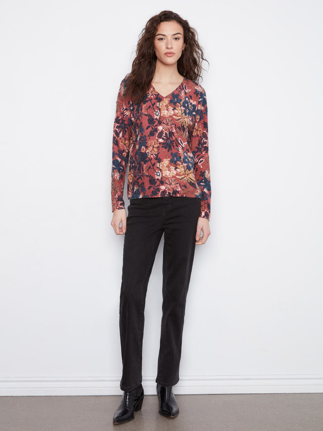 Charlie B Reversible Floral V-Neck Sweater