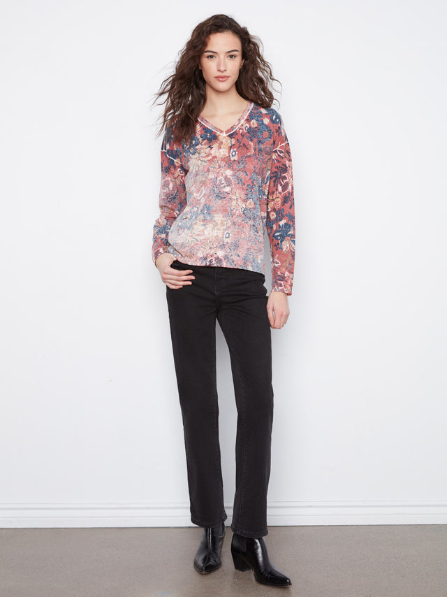 Charlie B Reversible Floral V-Neck Sweater