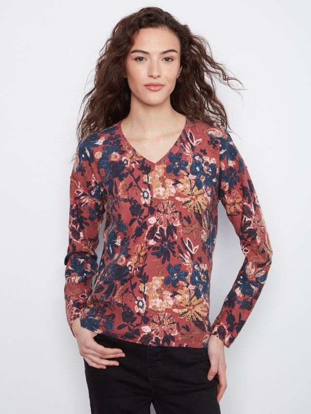 Charlie B Reversible Floral V-Neck Sweater