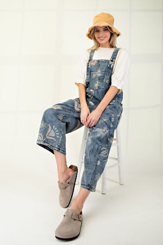 Easel printed denim overalls