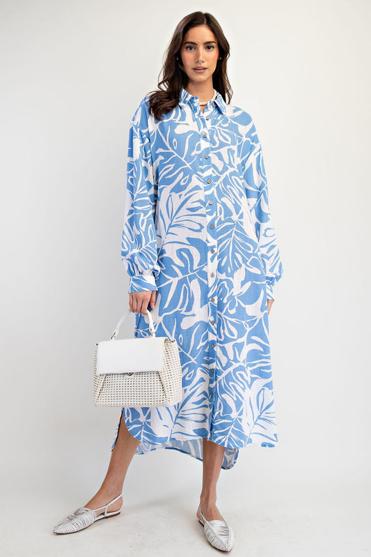 Easel Leaf Print Shirt Dress