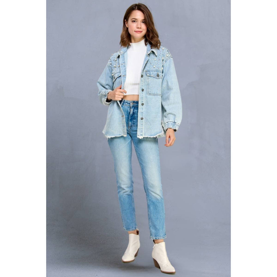 Pearl and Rhinestone Denim Shacket