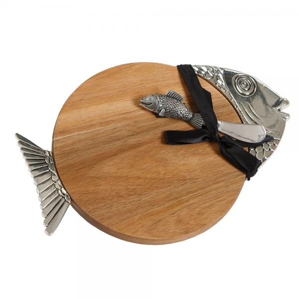 Fish Acacia Wood Cheese & Serving Board with Matching Cheese Knife