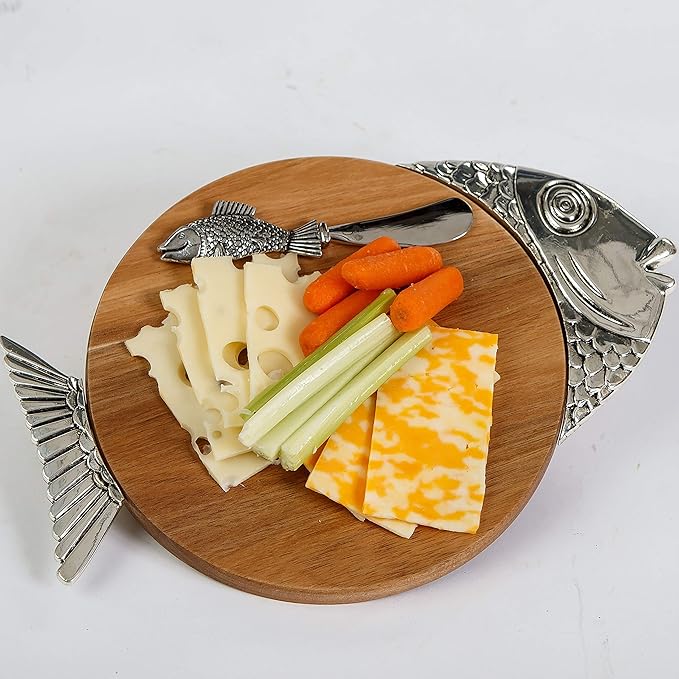 Fish Acacia Wood Cheese & Serving Board with Matching Cheese Knife