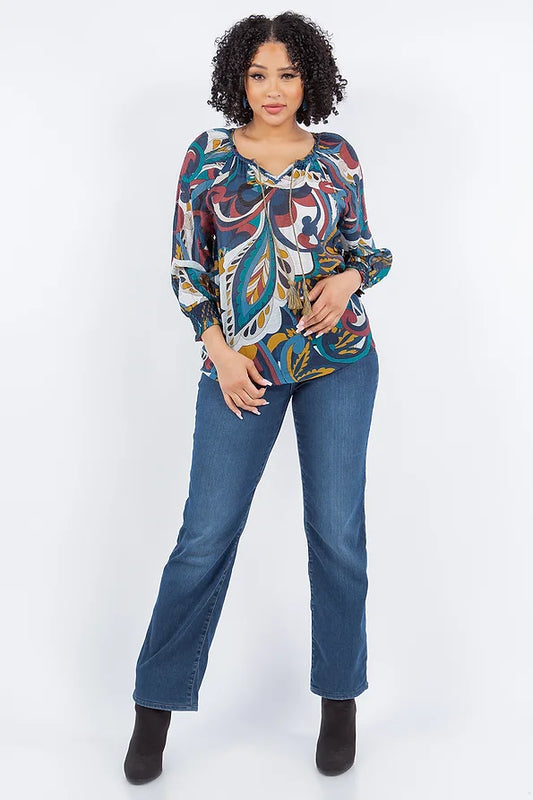 Peasant shirt with Voile print notch neck